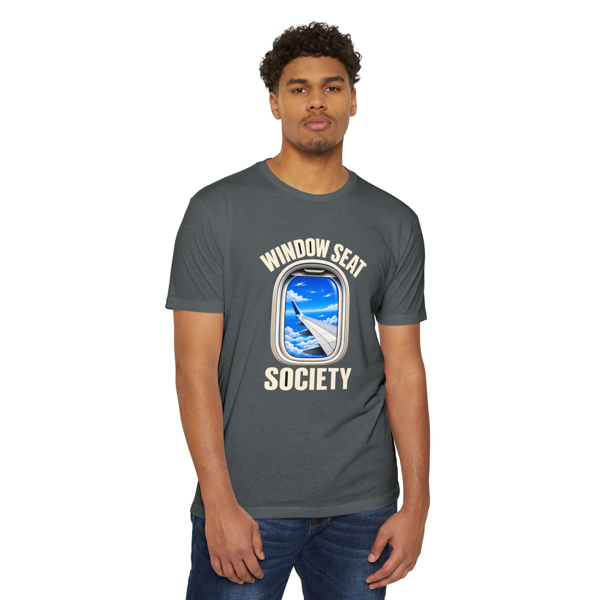 Blue Sky Window Seat Society T-Shirt — Retro Airplane Travel Tee