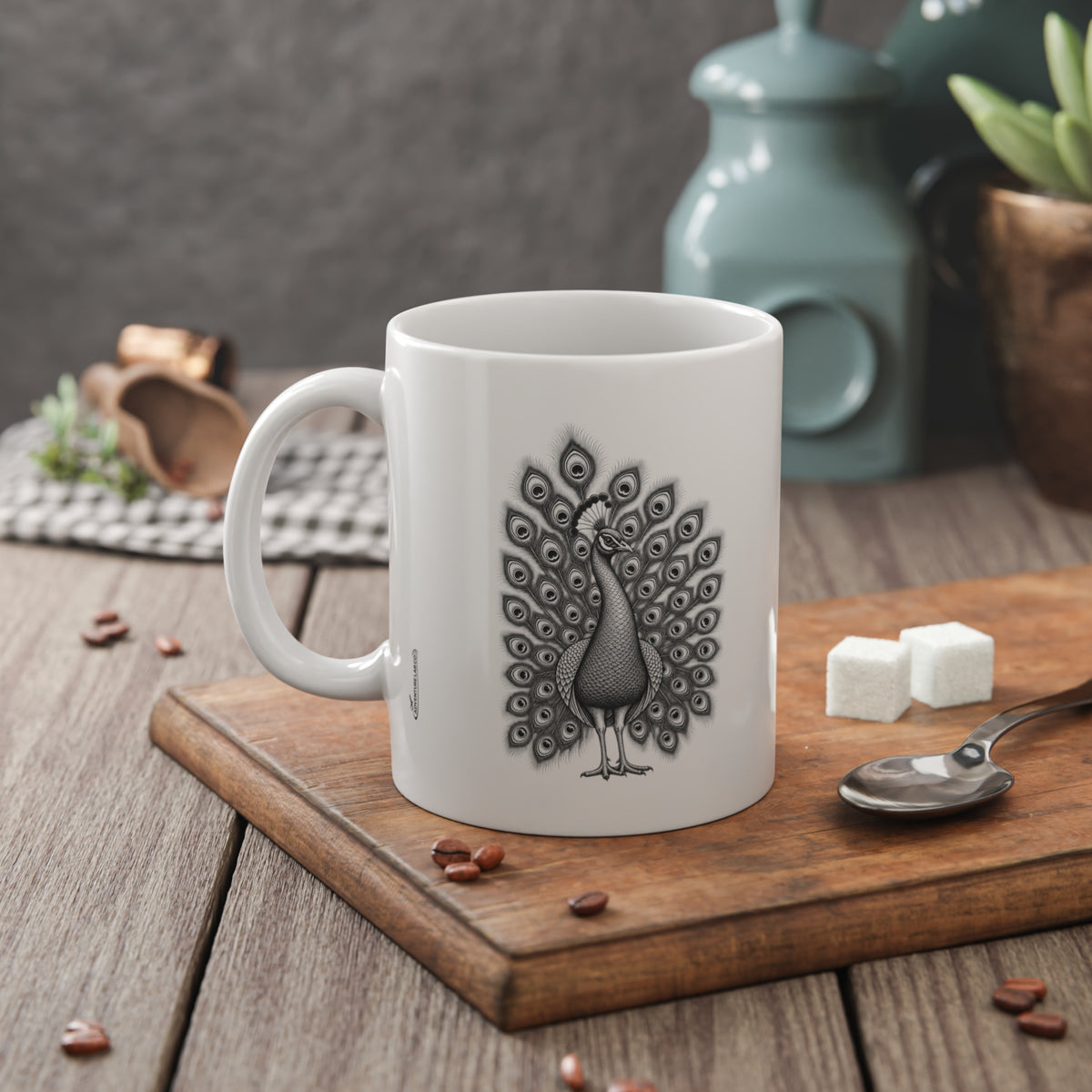 The Peacock | Black & White Wildlife Illustration Mug