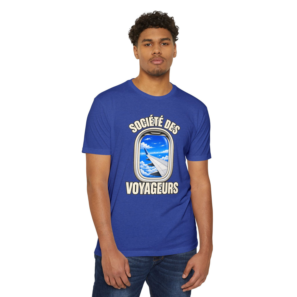 French Blue Sky Window Seat Society T-Shirt — Retro Airplane Travel Tee