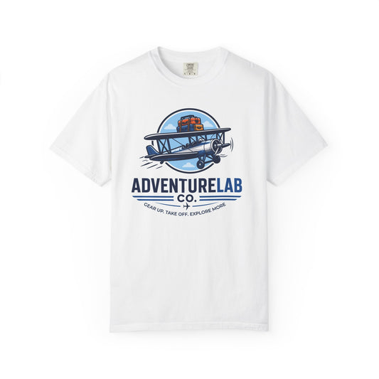 Vintage Biplane AdventureLab Logo T-Shirt | Aviation Travel Graphic