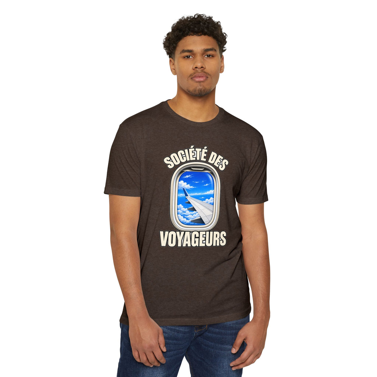 French Blue Sky Window Seat Society T-Shirt — Retro Airplane Travel Tee