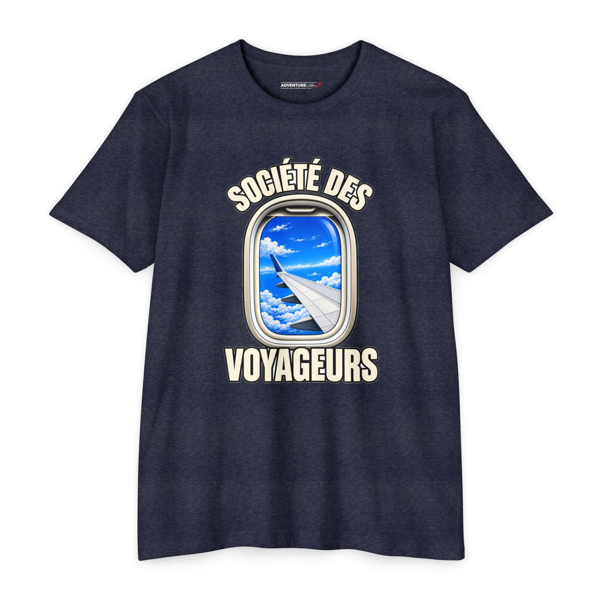 French Blue Sky Window Seat Society T-Shirt — Retro Airplane Travel Tee