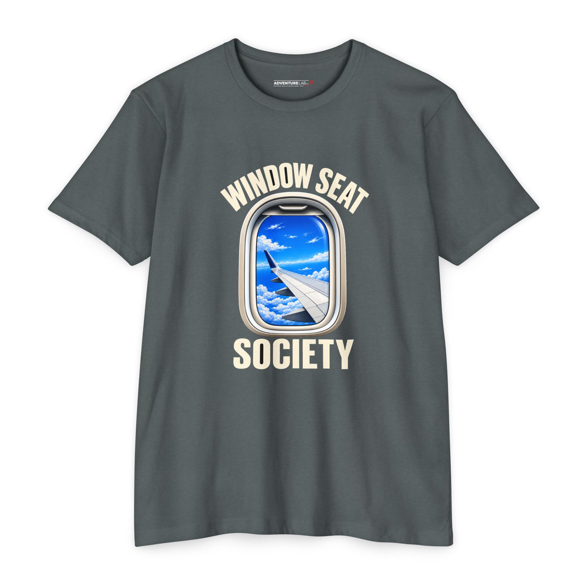 Blue Sky Window Seat Society T-Shirt — Retro Airplane Travel Tee