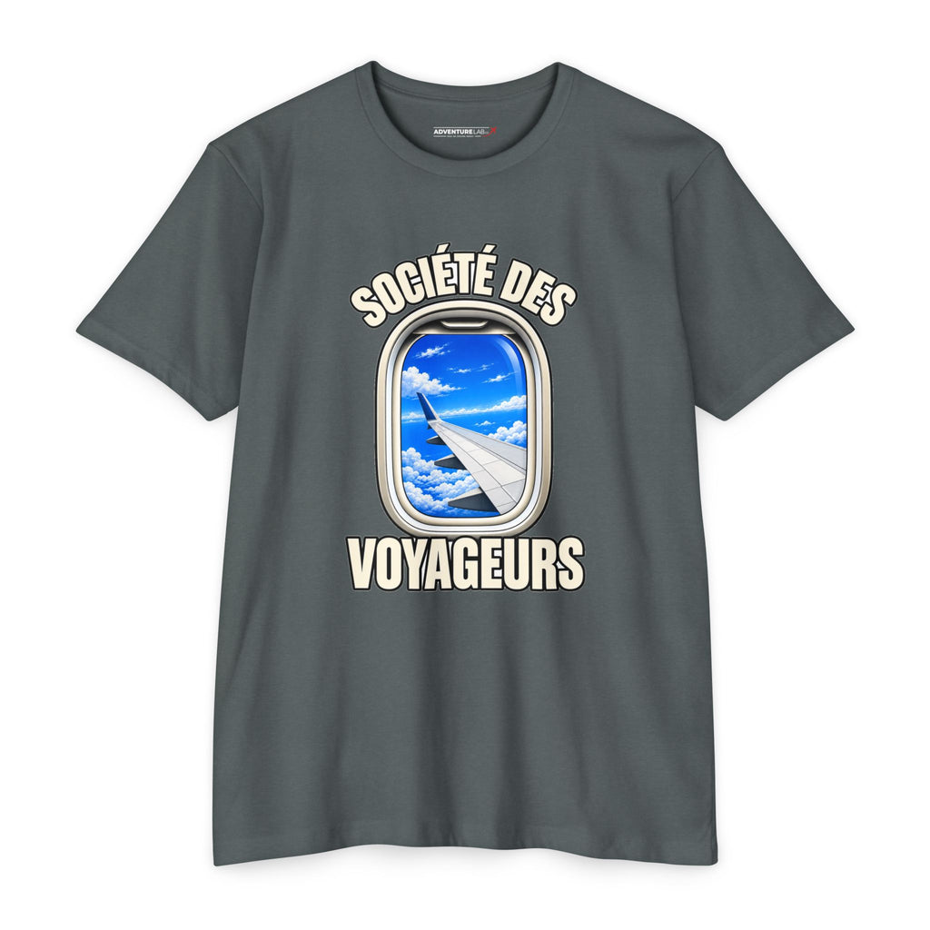 French Blue Sky Window Seat Society T-Shirt — Retro Airplane Travel Tee