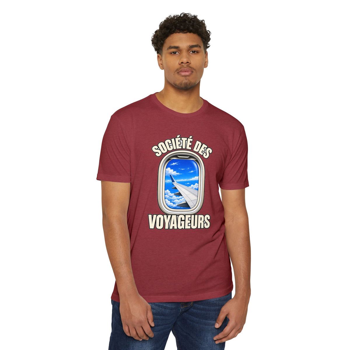 French Blue Sky Window Seat Society T-Shirt — Retro Airplane Travel Tee