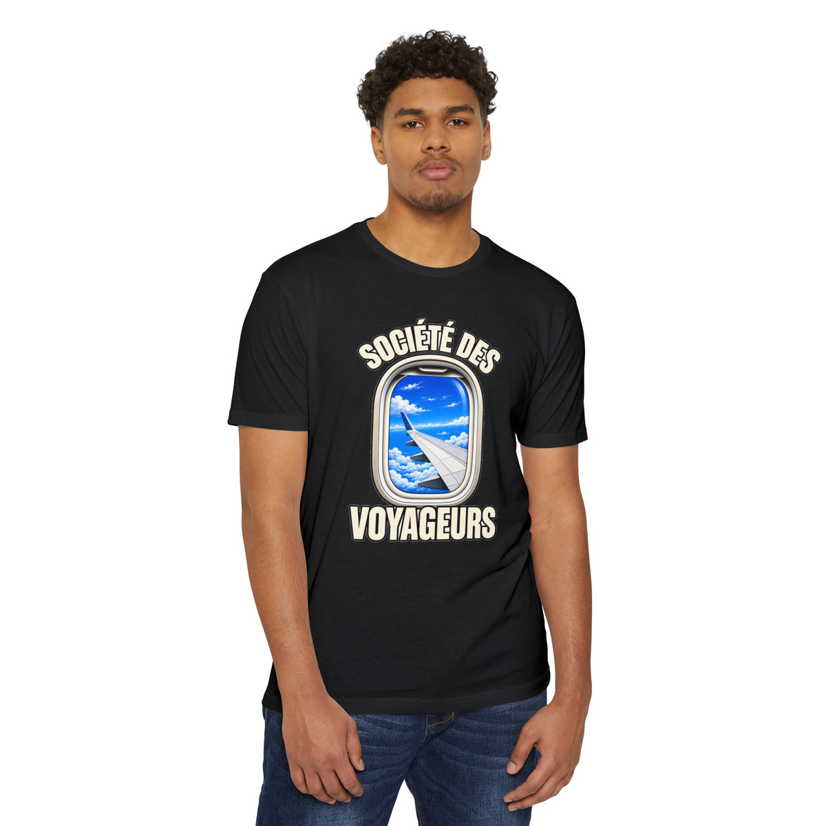 French Blue Sky Window Seat Society T-Shirt — Retro Airplane Travel Tee