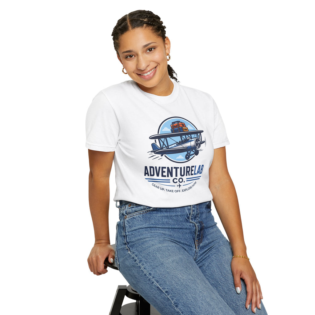 Vintage Biplane AdventureLab Logo T-Shirt | Aviation Travel Graphic