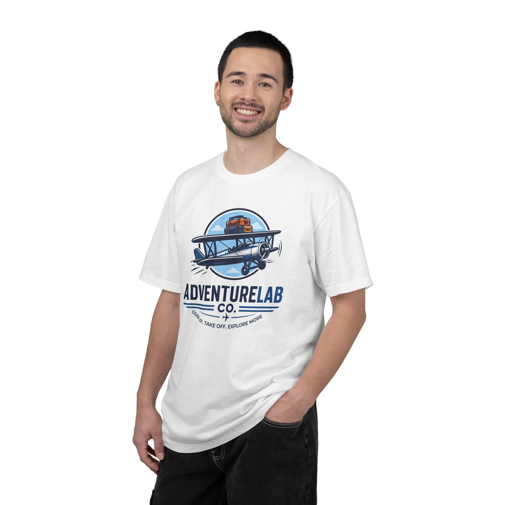 Vintage Biplane AdventureLab Logo T-Shirt | Aviation Travel Graphic
