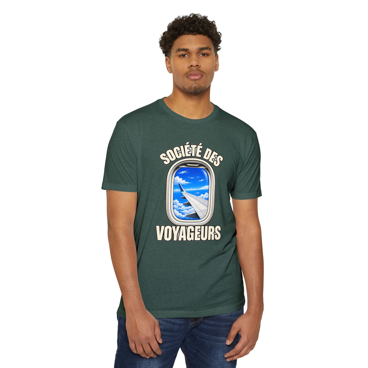 French Blue Sky Window Seat Society T-Shirt — Retro Airplane Travel Tee