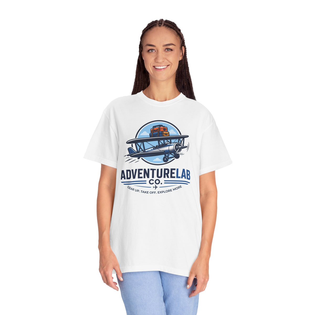 Vintage Biplane AdventureLab Logo T-Shirt | Aviation Travel Graphic