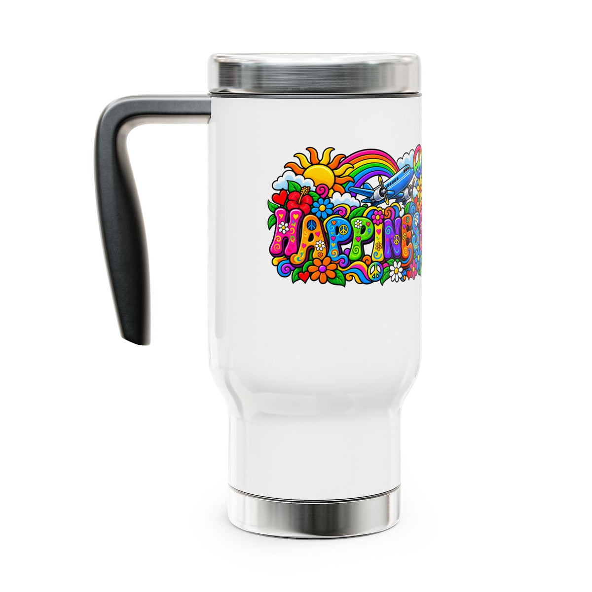 Happiness Floral Retro Travel Mug – 14oz Stainless Steel with Handle