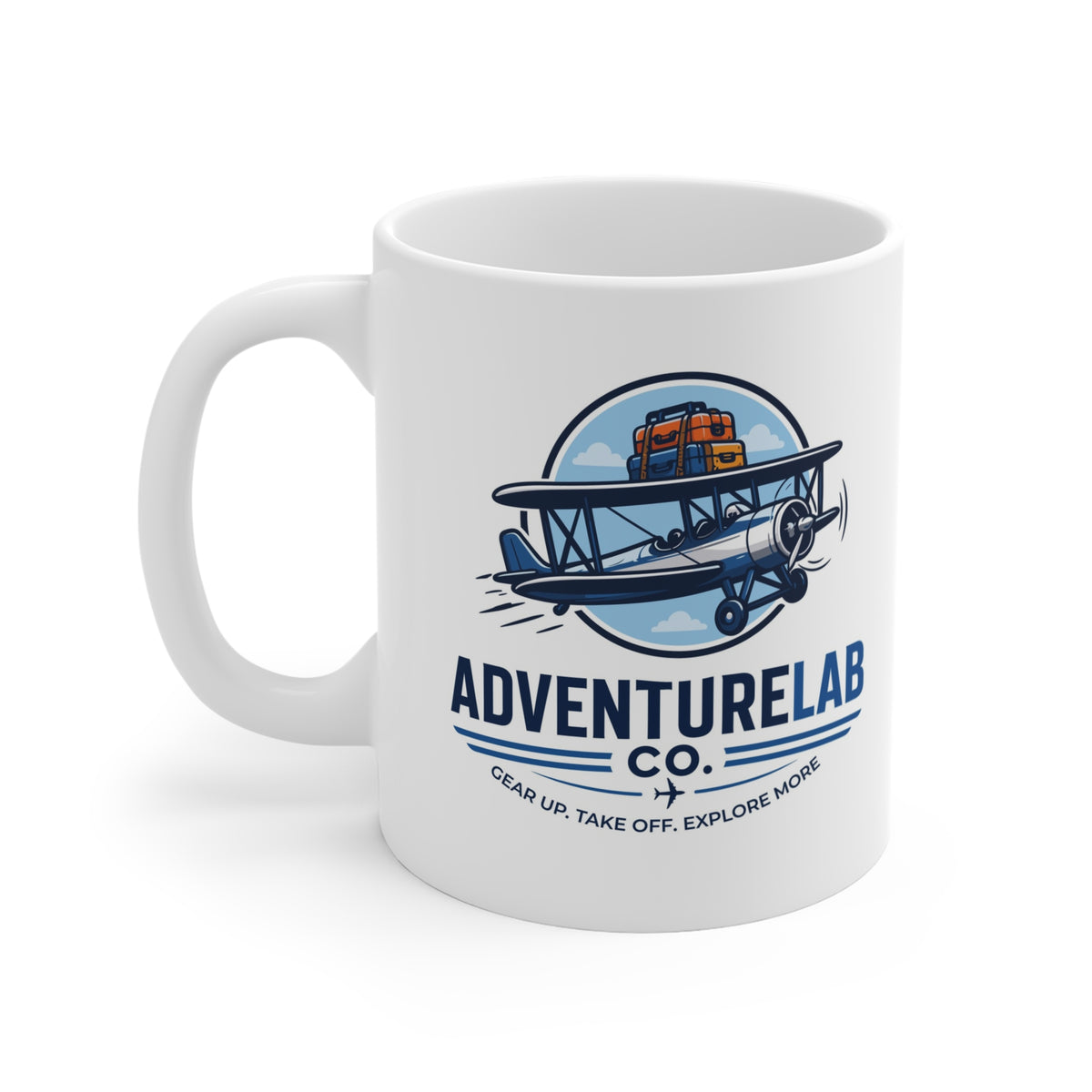 Vintage Biplane AdventureLab logo Mug | Travel Aviation Coffee Cup