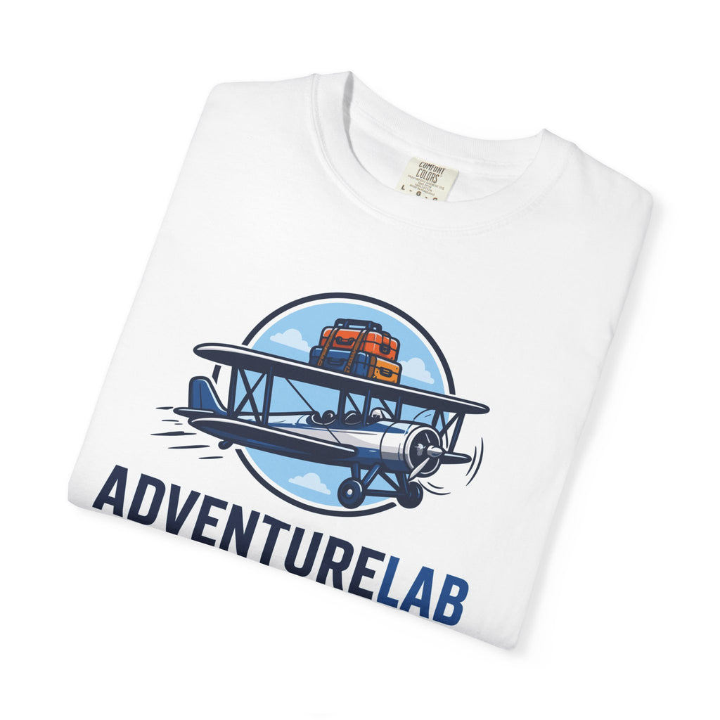 Vintage Biplane AdventureLab Logo T-Shirt | Aviation Travel Graphic