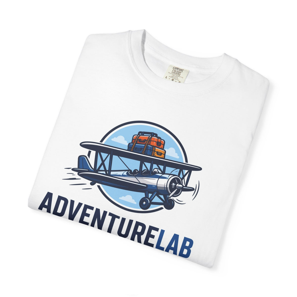 Vintage Biplane AdventureLab Logo T-Shirt | Aviation Travel Graphic