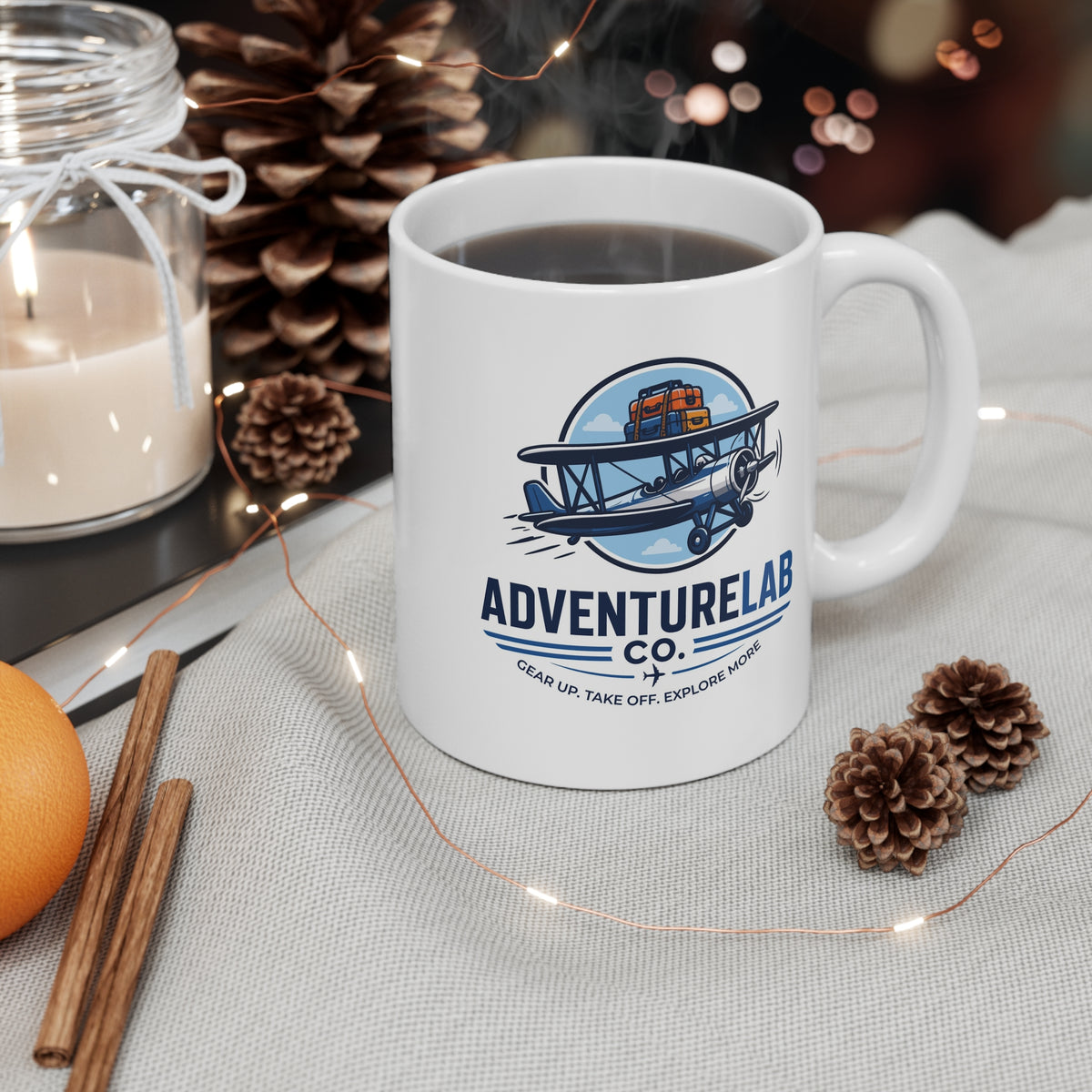 Vintage Biplane AdventureLab logo Mug | Travel Aviation Coffee Cup