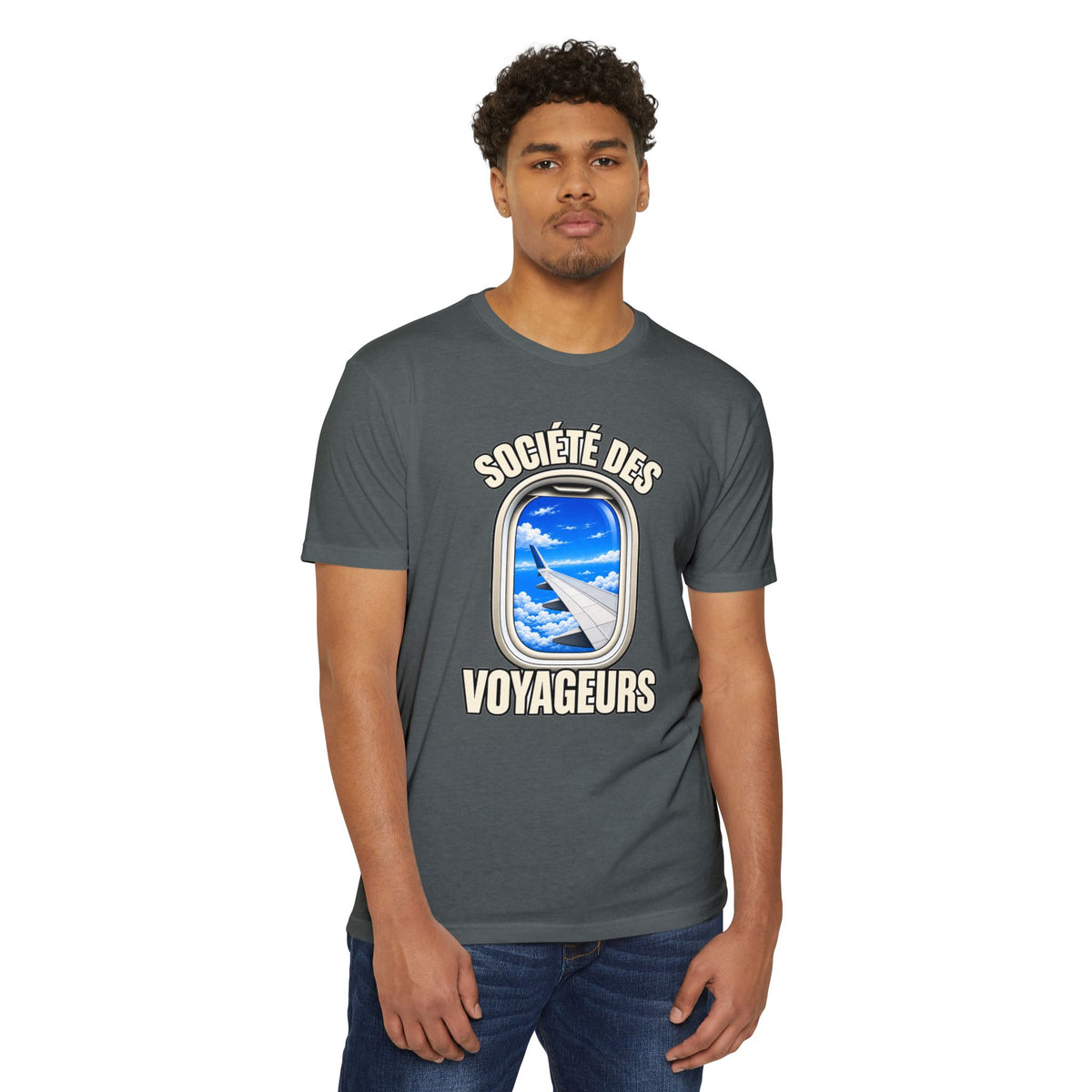 French Blue Sky Window Seat Society T-Shirt — Retro Airplane Travel Tee