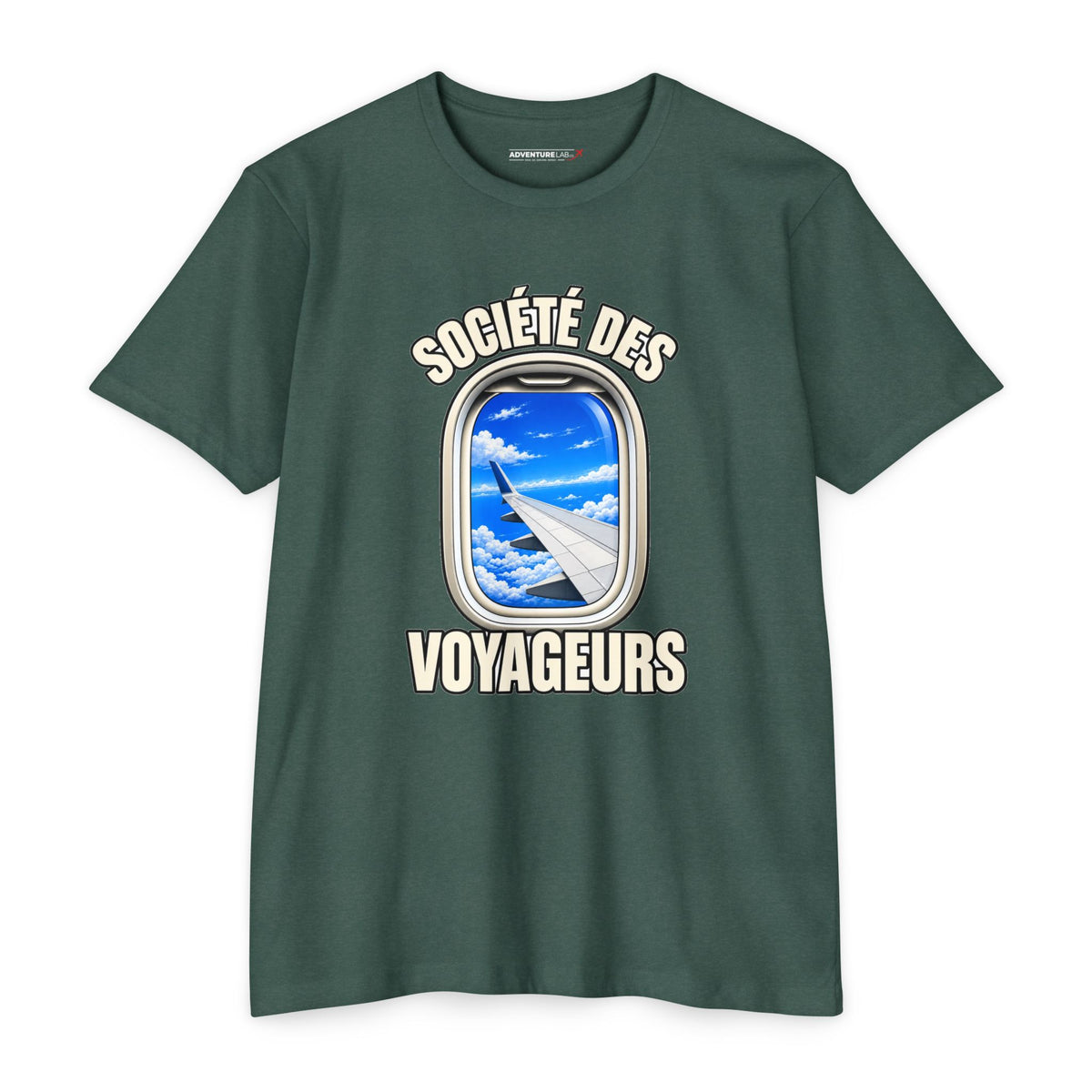 French Blue Sky Window Seat Society T-Shirt — Retro Airplane Travel Tee