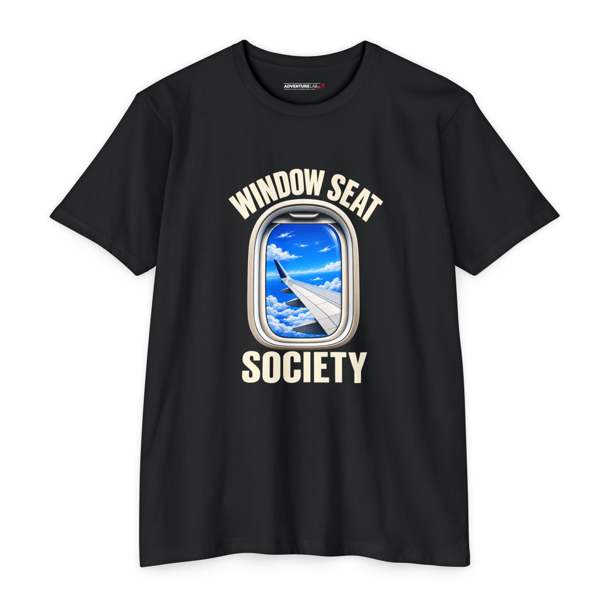 Blue Sky Window Seat Society T-Shirt — Retro Airplane Travel Tee