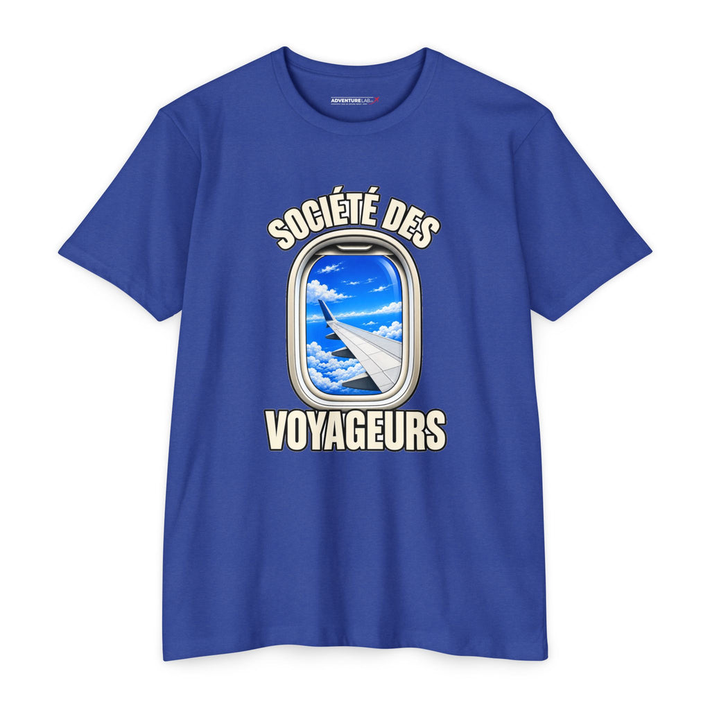 French Blue Sky Window Seat Society T-Shirt — Retro Airplane Travel Tee