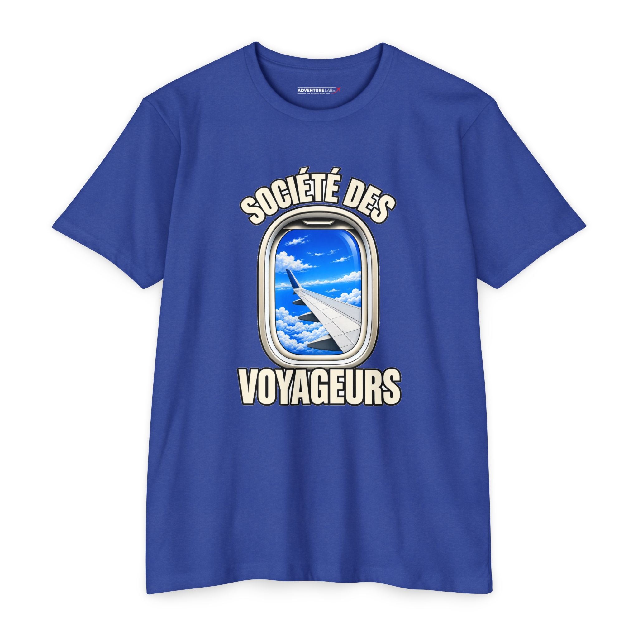 French Blue Sky Window Seat Society T-Shirt — Retro Airplane Travel Tee