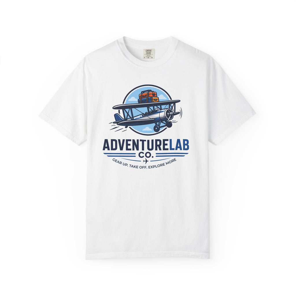 Vintage Biplane AdventureLab Logo T-Shirt | Aviation Travel Graphic