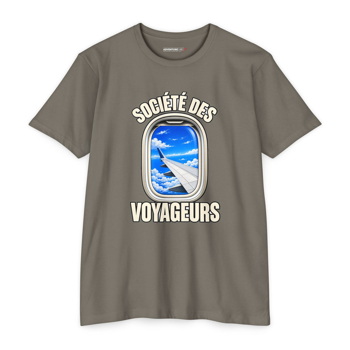 French Blue Sky Window Seat Society T-Shirt — Retro Airplane Travel Tee