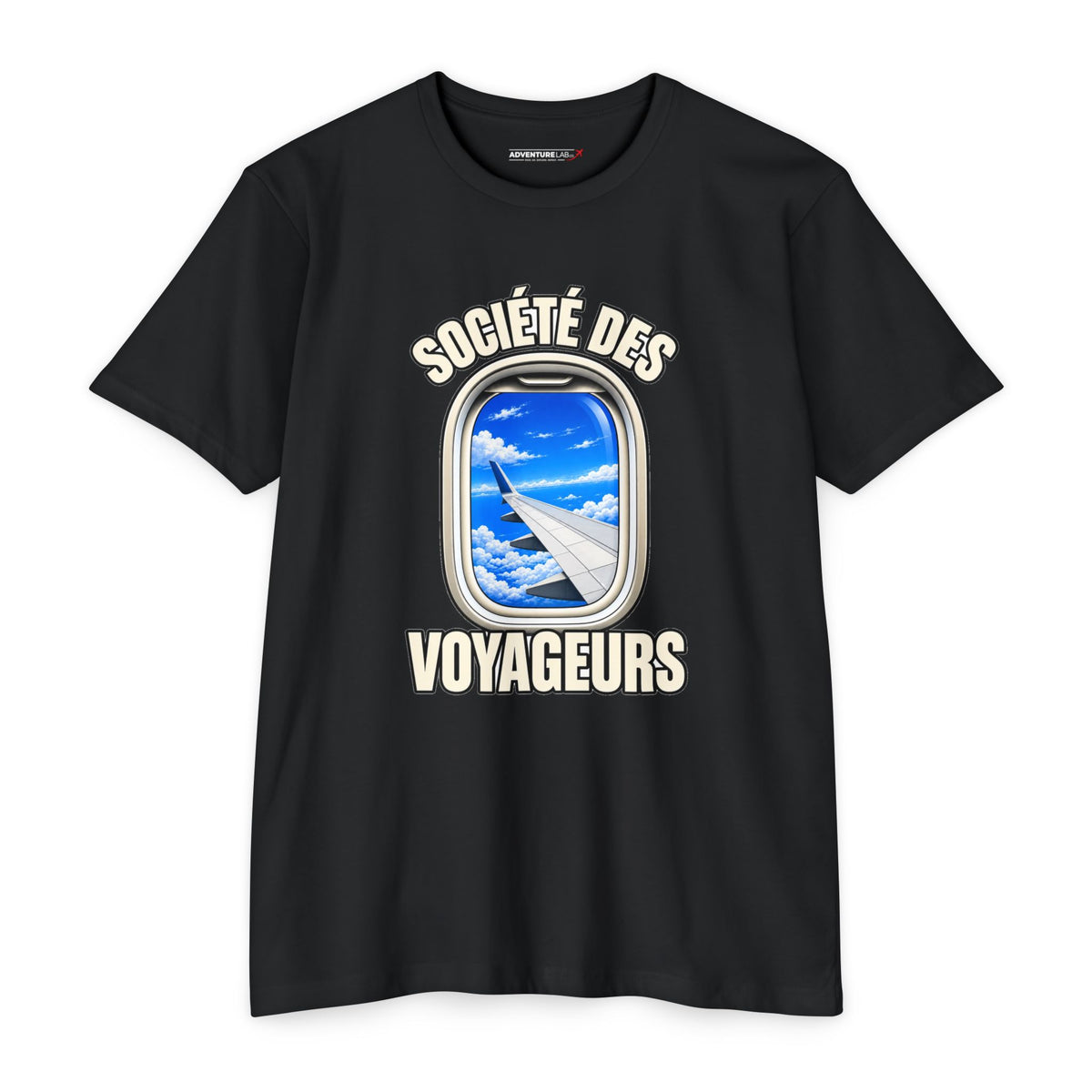 French Blue Sky Window Seat Society T-Shirt — Retro Airplane Travel Tee