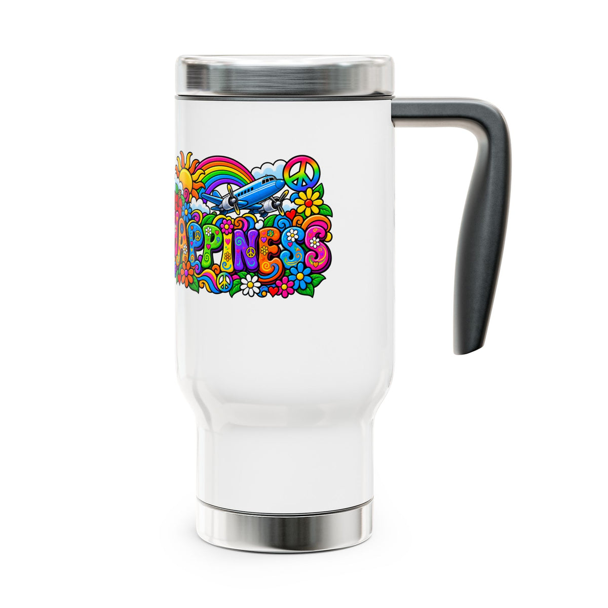 Happiness Floral Retro Travel Mug – 14oz Stainless Steel with Handle