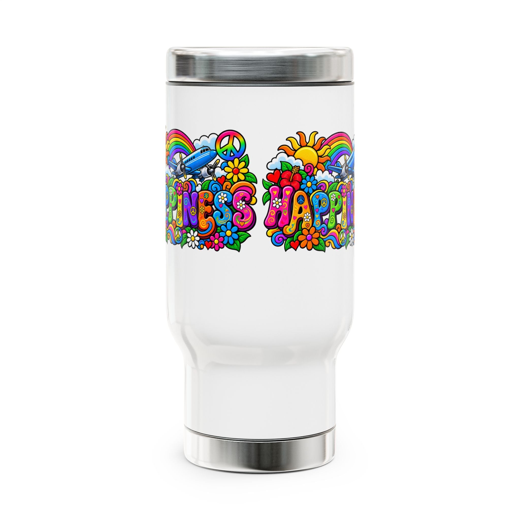Happiness Floral Retro Travel Mug – 14oz Stainless Steel with Handle