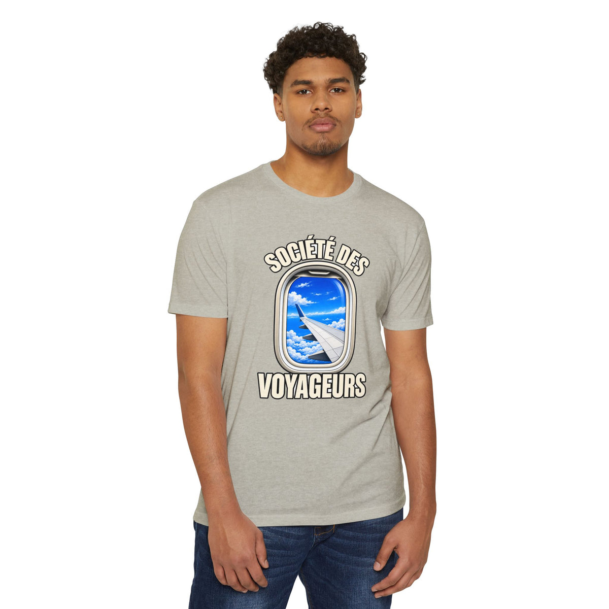 French Blue Sky Window Seat Society T-Shirt — Retro Airplane Travel Tee