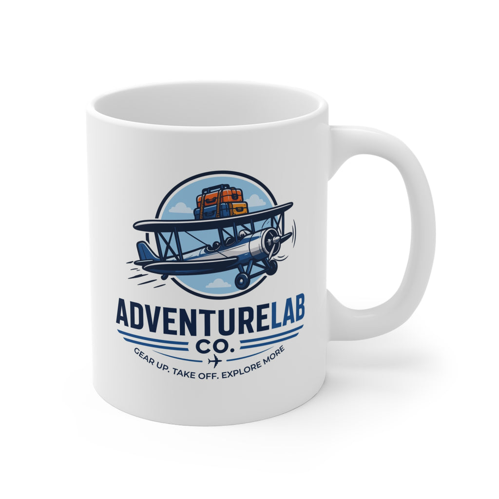 Vintage Biplane AdventureLab logo Mug | Travel Aviation Coffee Cup