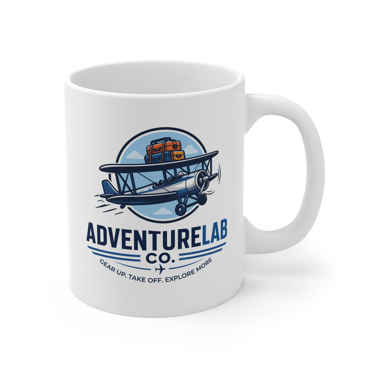 Vintage Biplane AdventureLab logo Mug | Travel Aviation Coffee Cup